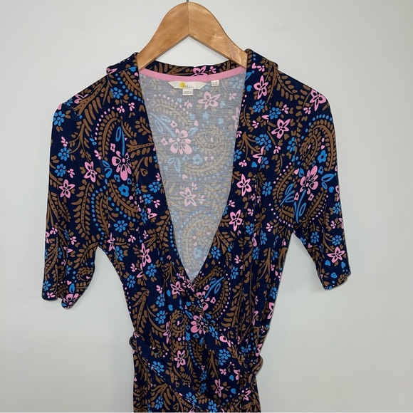 Boden Dress Size 2 US Navy Blue Pink Jersey Wrap Floral Midi Sleeves “Lavinia” - Picture 5 of 11